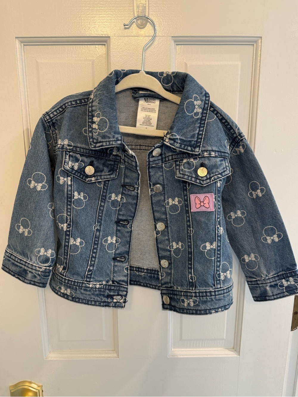 Disney Denim Jacket with Minnie Head Print and Pink Bow Patch
